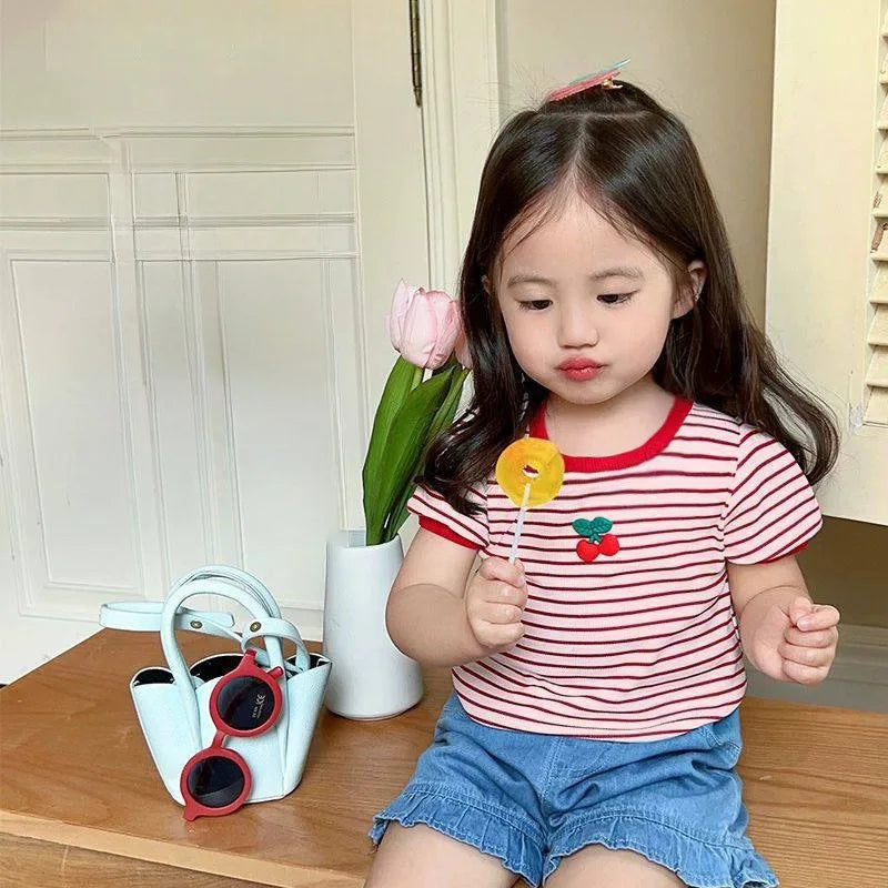 1-7Y Children's Short Sleeved T-shirt New Girls Square Neck Shirts Cute Stylish Baby Breathable