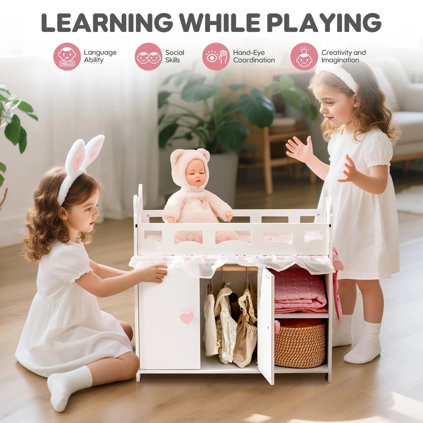 Baby Doll Crib Rabbit Wooden Doll Bed Toy with Storage Bedding Doll Crib Fits Dolls within 21" Doll Furniture for Girls 3+