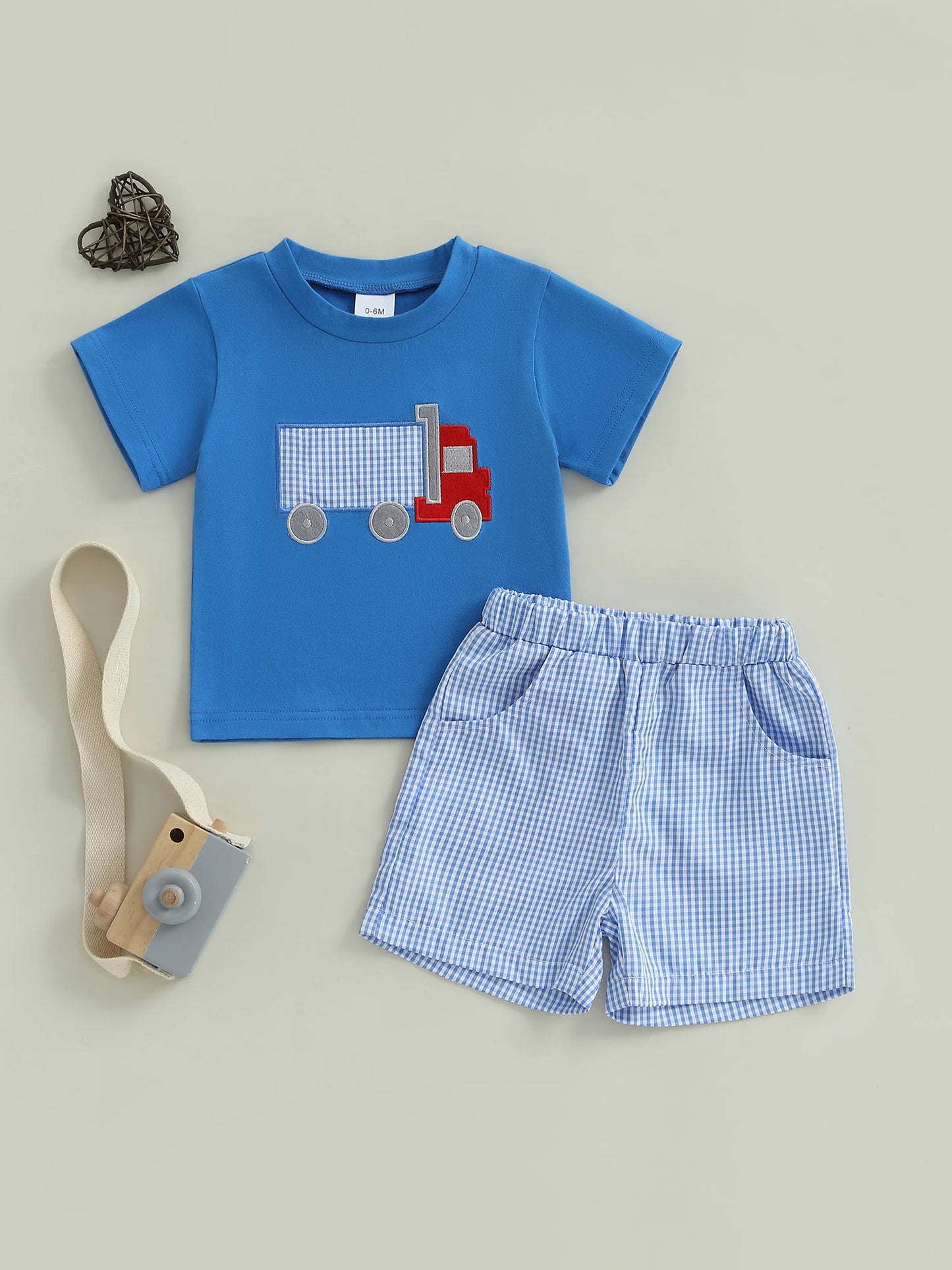 Cute Toddler Boy Outfits Dinosaur Print Short Sleeve Round Neck T-Shirts with Camouflage Elastic Waist Shorts 2 Pcs Set