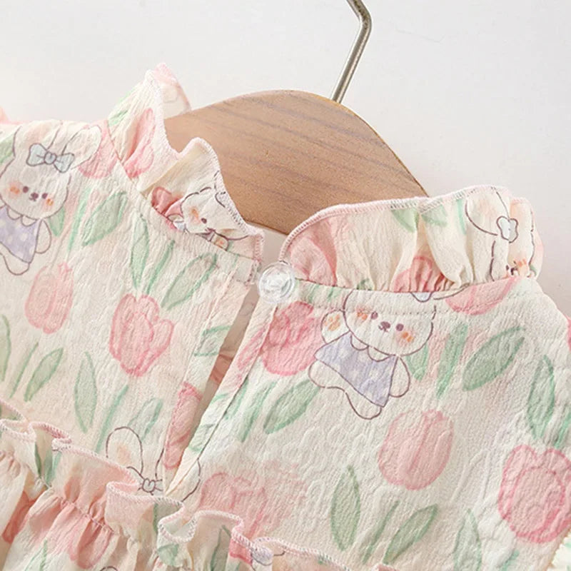 Girl Dress Tulip Cartoon Rabbit Print Small Flying Sleeves Flower Neck Bow Ribbon Tulip Flower Pattern