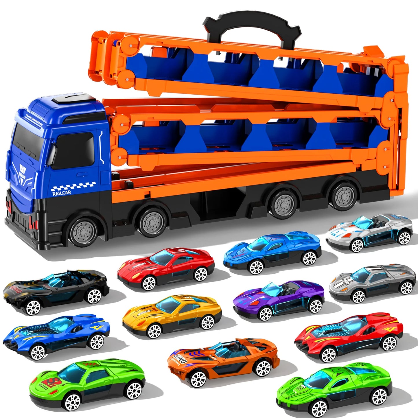Kids Toy Trucks Ejection Race Track, Catapulting Racing Track with 12 Cars, Kid’s Cool Folding Truck Toy, Cars Storage Toy Sets