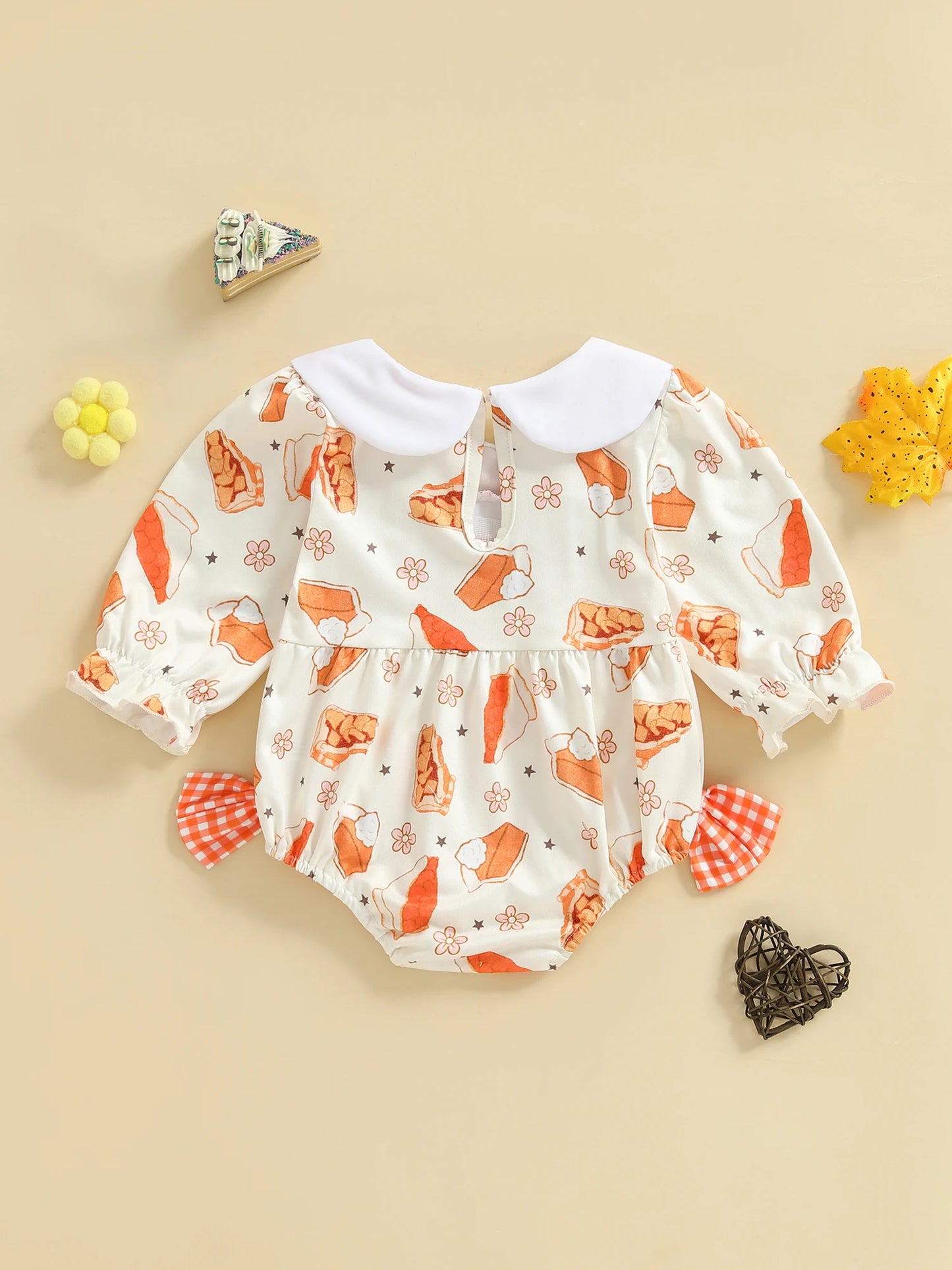 Thanksgiving Turkey Print Ruffle Sleeve Romper with Bow Detail and Peter Pan Collar for Baby Girls Fall Outfit
