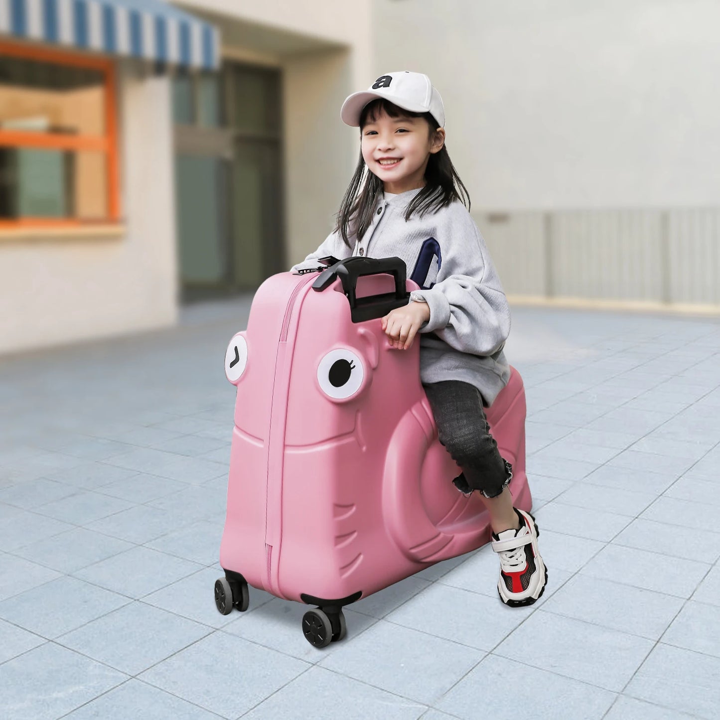 52*26*50 cm Portable Travel Trolley Case Kids Ride-on Luggage with Spinner Wheels Kids Luggage Suitcase with Password Lock Pink