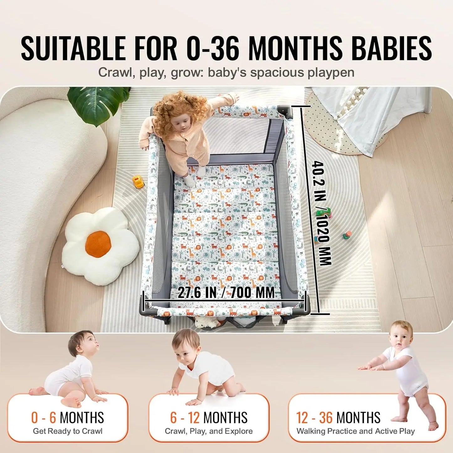 Baby Travel Crib and Play Yard, Folding Baby Playpen with Soft Mattress Pad, Portable Toddlers Crib with Breathable Mesh and Tra