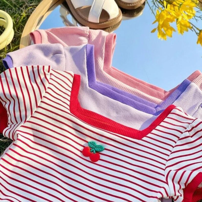 1-7Y Children's Short Sleeved T-shirt New Girls Square Neck Shirts Cute Stylish Baby Breathable