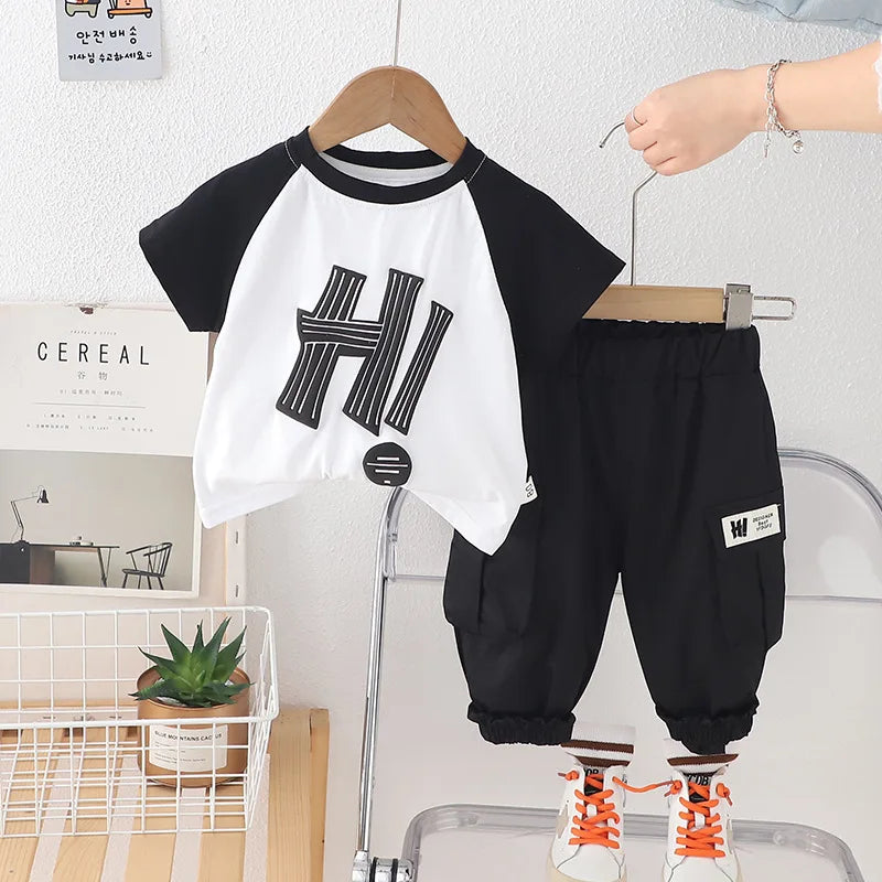 2 Piece Children's Clothing 2025 Baby Boy Clothes 1-5T Letter Patchwork Short Sleeve T-shirts and Shorts Kids Boys Suit
