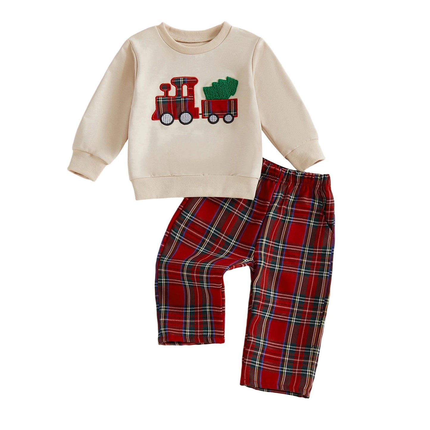 Toddler Boy Christmas Outfits Long Sleeve Reindeer Embroidery Sweater Checkered Pants Set Kids Winter Clothing for Holidays