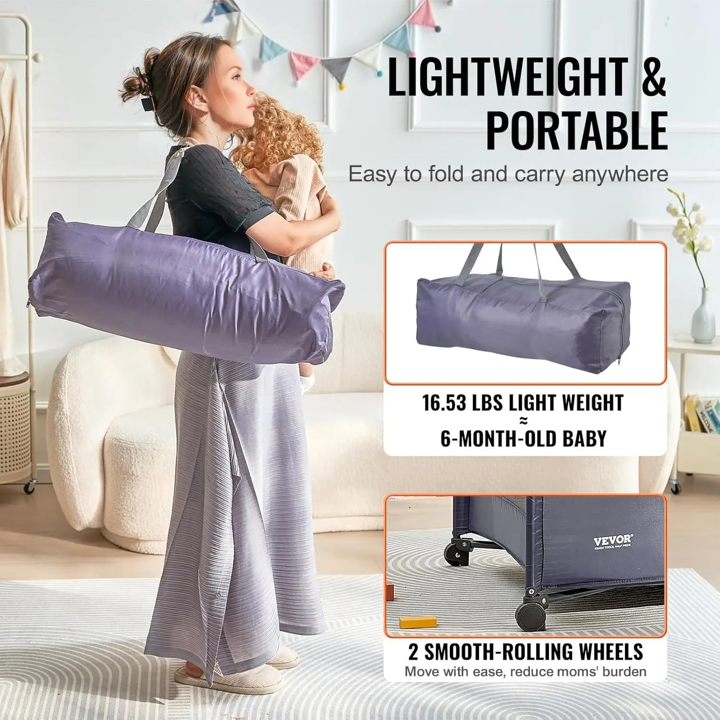 Baby Travel Crib and Play Yard, Folding Baby Playpen with Soft Mattress Pad, Portable Toddlers Crib with Breathable Mesh and Tra