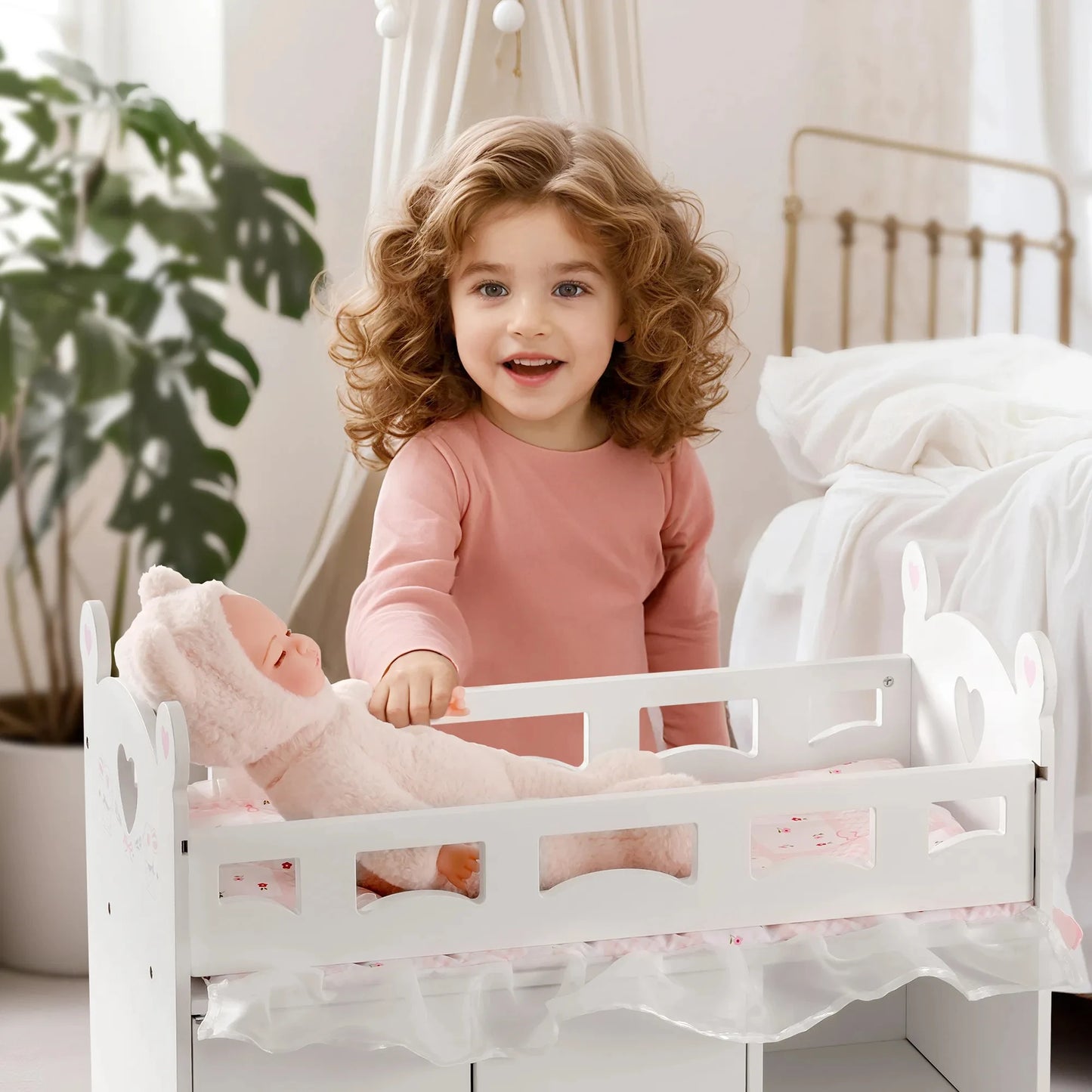 Baby Doll Crib Rabbit Wooden Doll Bed Toy with Storage Bedding Doll Crib Fits Dolls within 21" Doll Furniture for Girls 3+