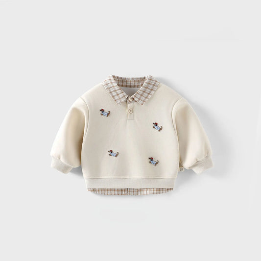 Children's Label Sweater New Autumn Boys' Cartoon Bottoming Shirt  Baby Girl's Fake Two-piece Pullover Tops