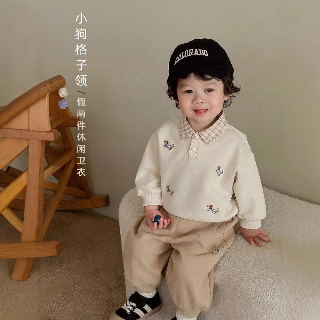 Children's Label Sweater New Autumn Boys' Cartoon Bottoming Shirt  Baby Girl's Fake Two-piece Pullover Tops