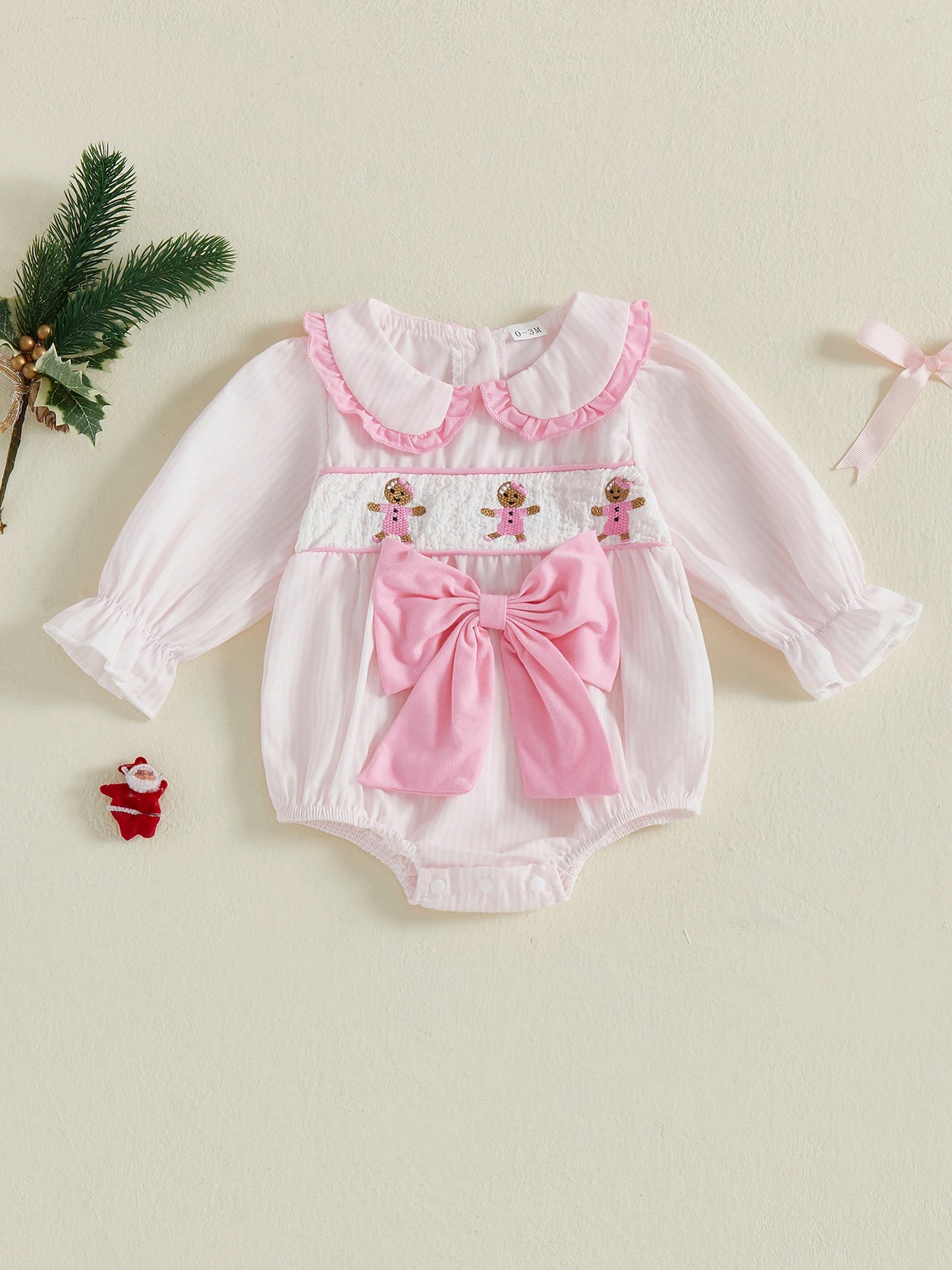 Infant Holiday  with Festive Bow Detail and Striped Pattern Long Sleeve Jumpsuit for Baby Girls Winter Romper for