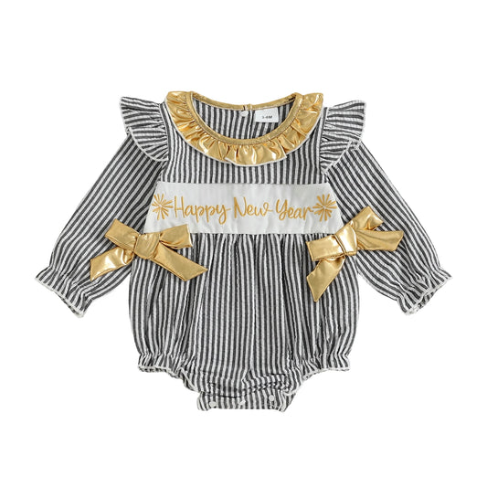 Infant Girls New Year Romper with Stripe Print Embroidered Letters Long Sleeves and Ruffled Round Neckline Jumpsuit
