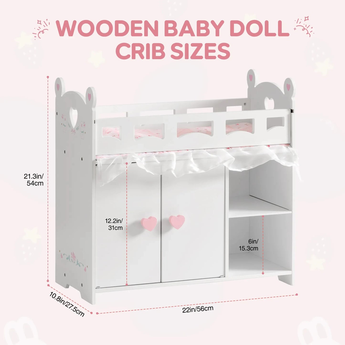 Baby Doll Crib Rabbit Wooden Doll Bed Toy with Storage Bedding Doll Crib Fits Dolls within 21" Doll Furniture for Girls 3+