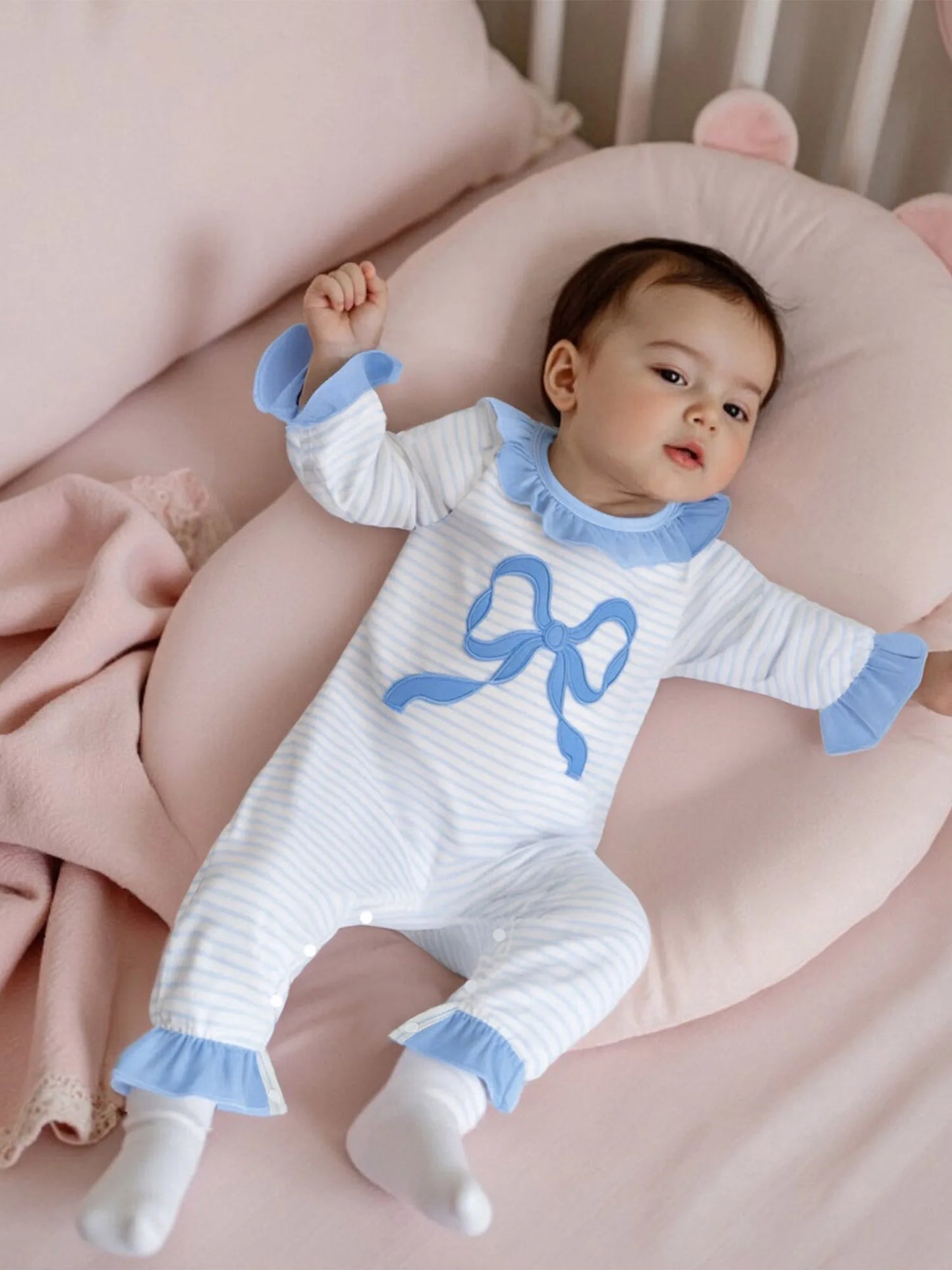 Adorable Toddler Winter  with Floral Embroidery and Ruffle Detail - Long Sleeve Round Neck Baby Girl Romper Pajamas