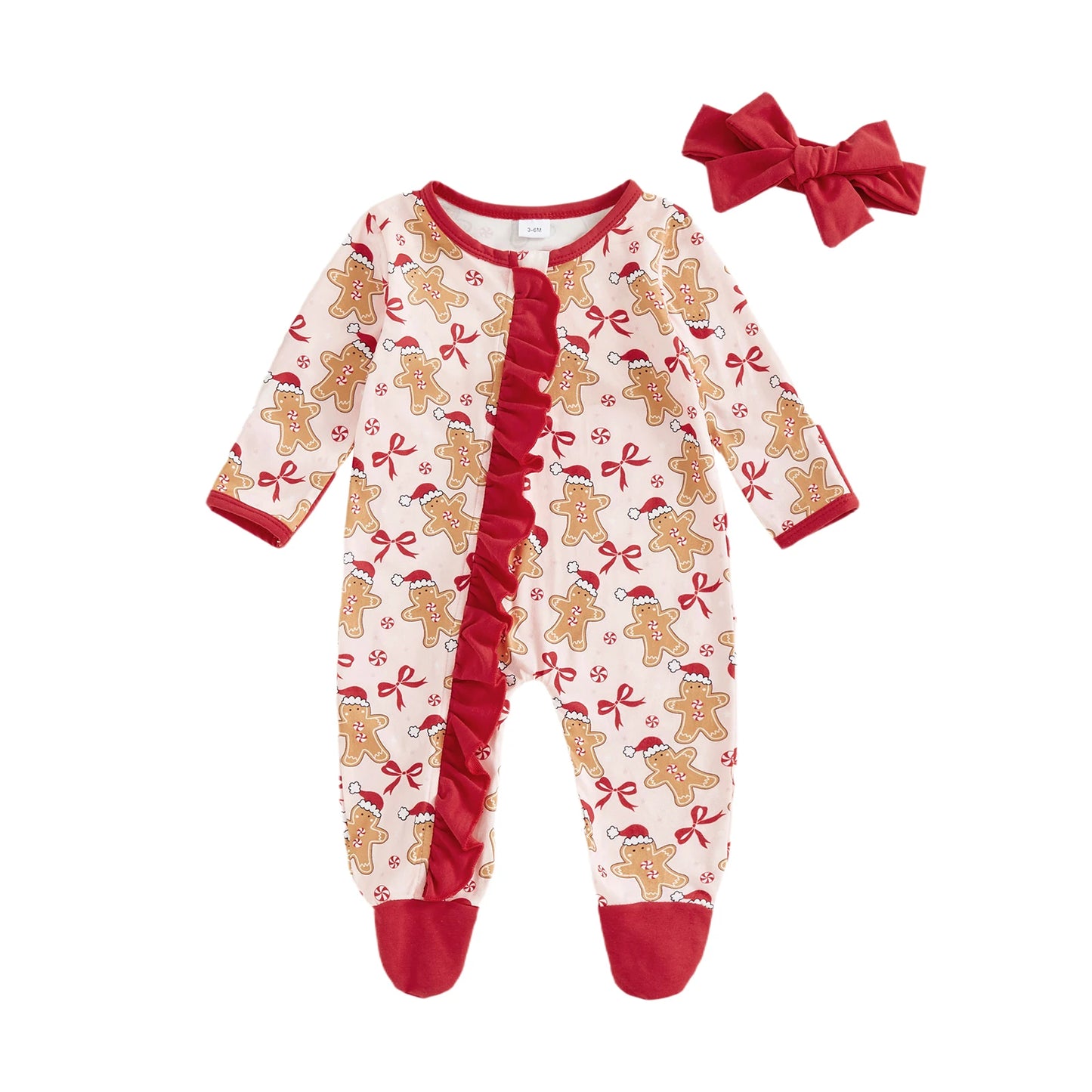 Baby Girl Christmas Outfit Gingerbread Bow Ruffle Long Sleeve Footed Romper and Headband 2 Piece Set