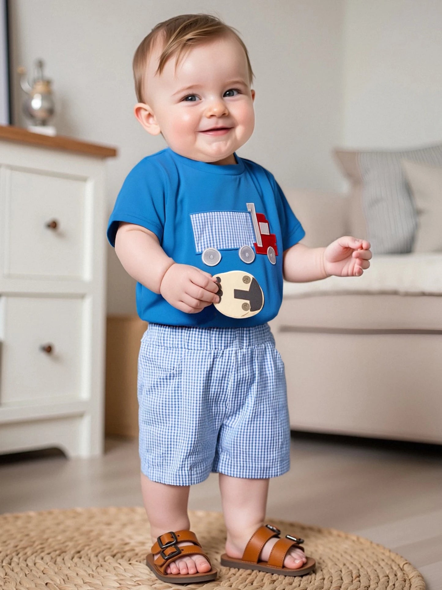 Cute Toddler Boy Outfits Dinosaur Print Short Sleeve Round Neck T-Shirts with Camouflage Elastic Waist Shorts 2 Pcs Set