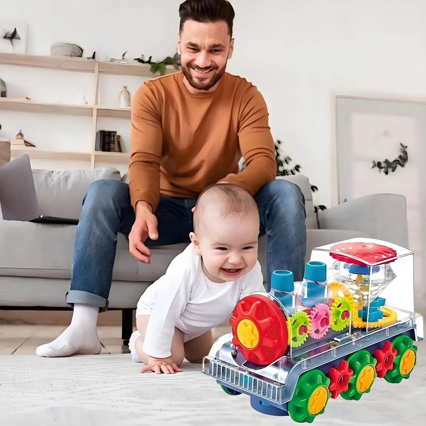 Electric Gear Train Toy with Flashing Lights | Transparent STEM Learning Toy | Musical Educational Gift for Kids Ages 3-8