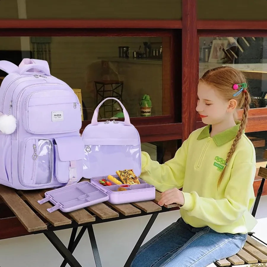 Girls Backpack Bento Box with Insulated Lunch Bag Pencil Case Utensils Set for 6 Leakproof Compartments Removable Tray Lunches