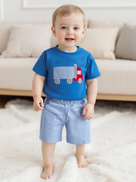 Cute Toddler Boy Outfits Dinosaur Print Short Sleeve Round Neck T-Shirts with Camouflage Elastic Waist Shorts 2 Pcs Set