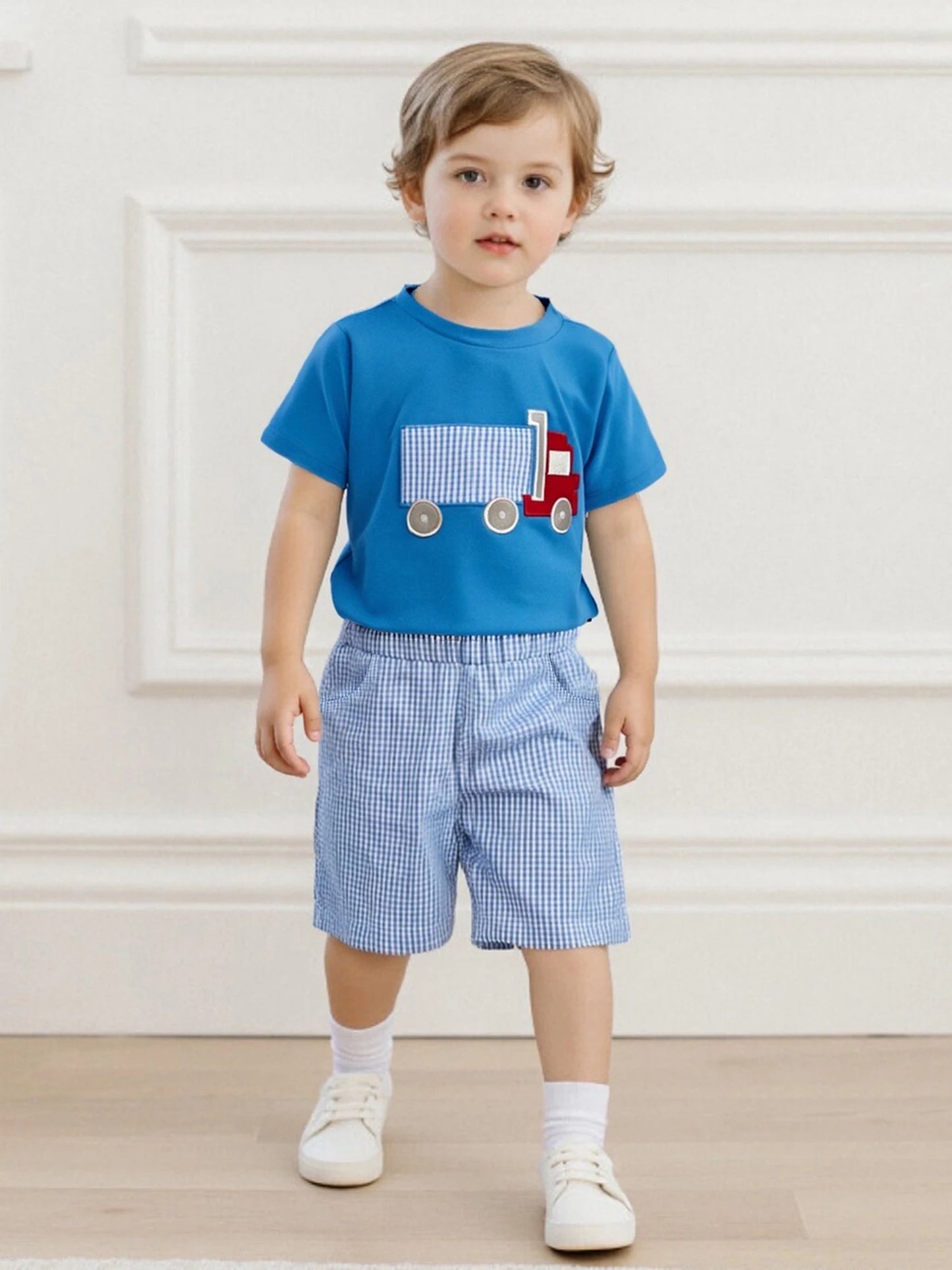 Cute Toddler Boy Outfits Dinosaur Print Short Sleeve Round Neck T-Shirts with Camouflage Elastic Waist Shorts 2 Pcs Set