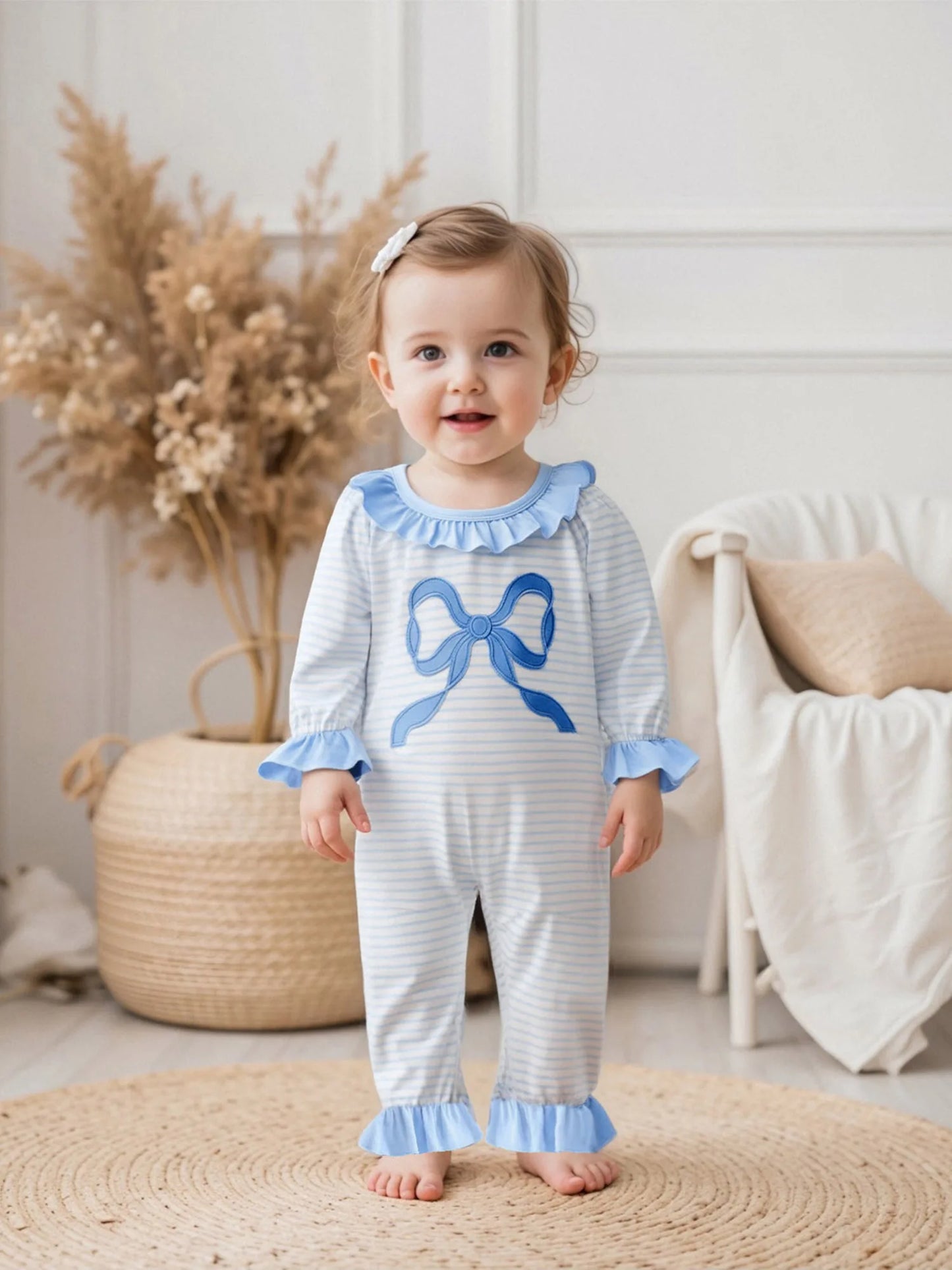 Adorable Toddler Winter  with Floral Embroidery and Ruffle Detail - Long Sleeve Round Neck Baby Girl Romper Pajamas