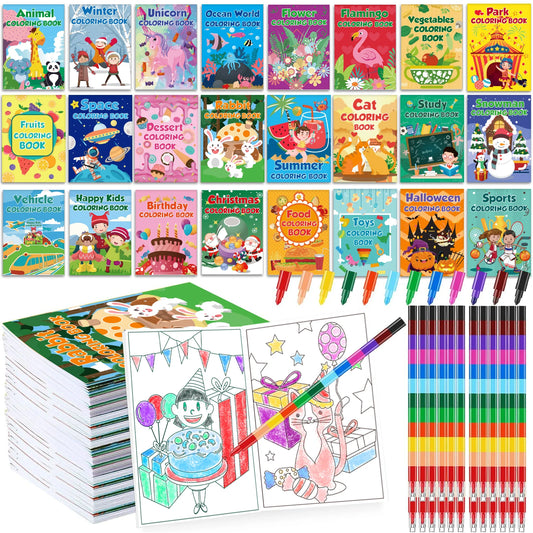24Pack Small Coloring Books for Kids with 24 Stacking Crayons Set Bulk Coloring Books for Kids Ages 2-4, 4-8, 8-12 Mini Coloring