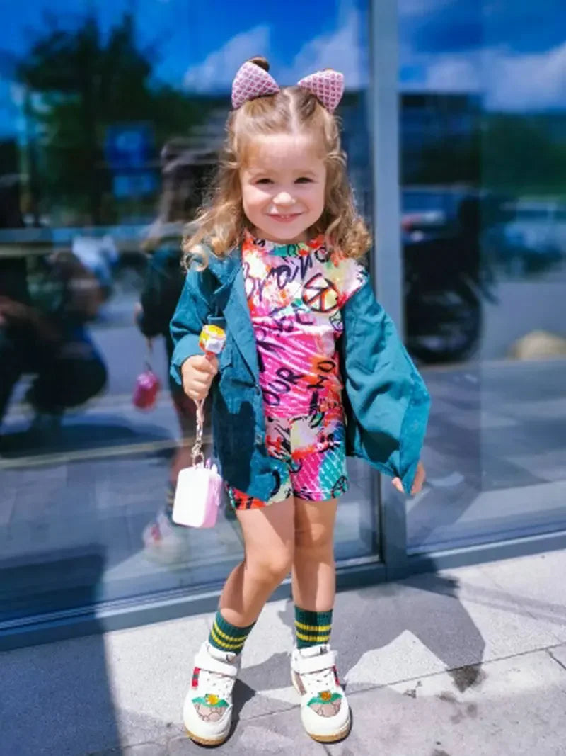1-8Years Kids Casual Clothes Children's Girls 2pcs Outfits Baby Girl Summer Clothing Sets Short Sleeve Tops+Rainbow Color Shorts