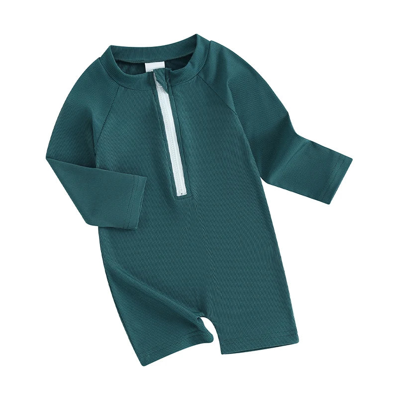 Infant Unisex  Swimwear Stylish Round Neck Long Sleeve Zipper Front Solid Color Swimsuit for Baby Boy Girl