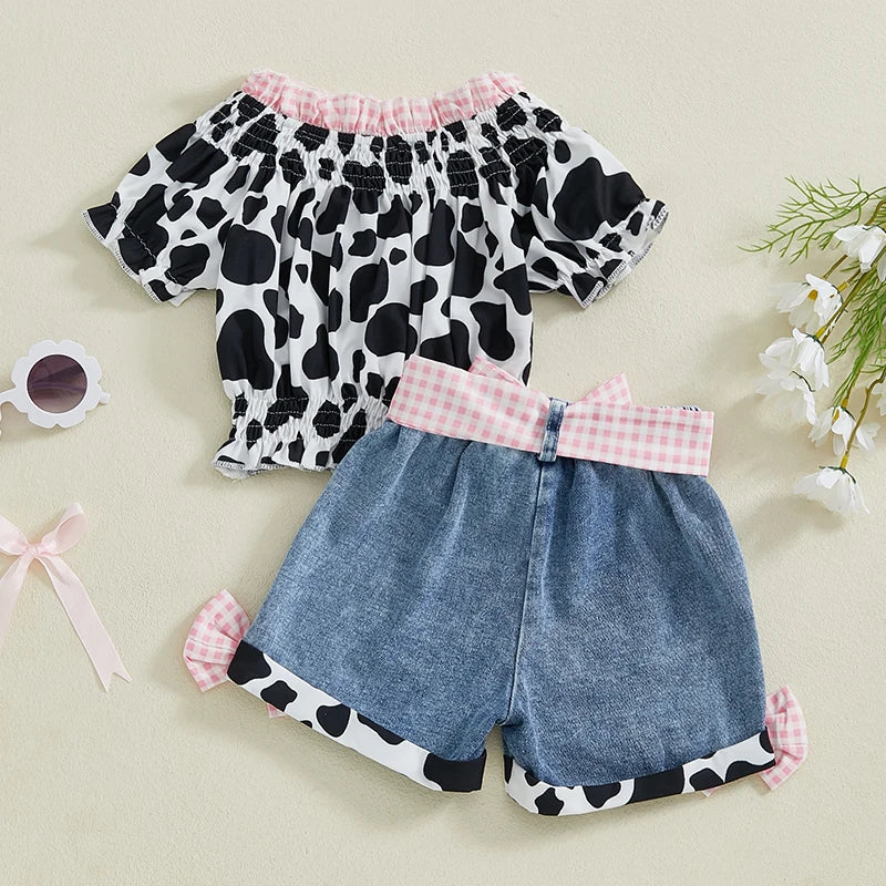 Girls Outfit Leopard Print Top and Denim Shorts with Frayed Hem and Belt Set