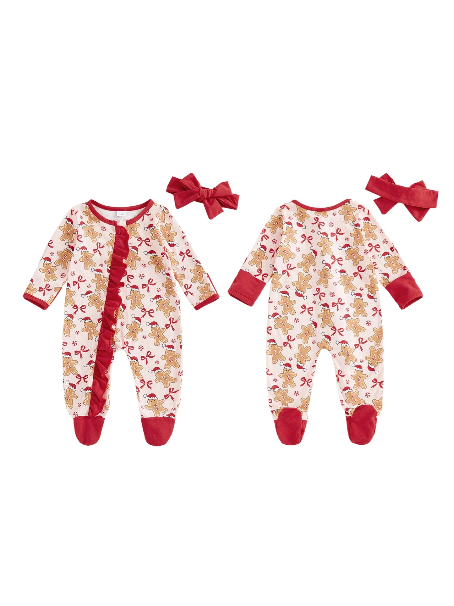 Baby Girl Christmas Outfit Gingerbread Bow Ruffle Long Sleeve Footed Romper and Headband 2 Piece Set
