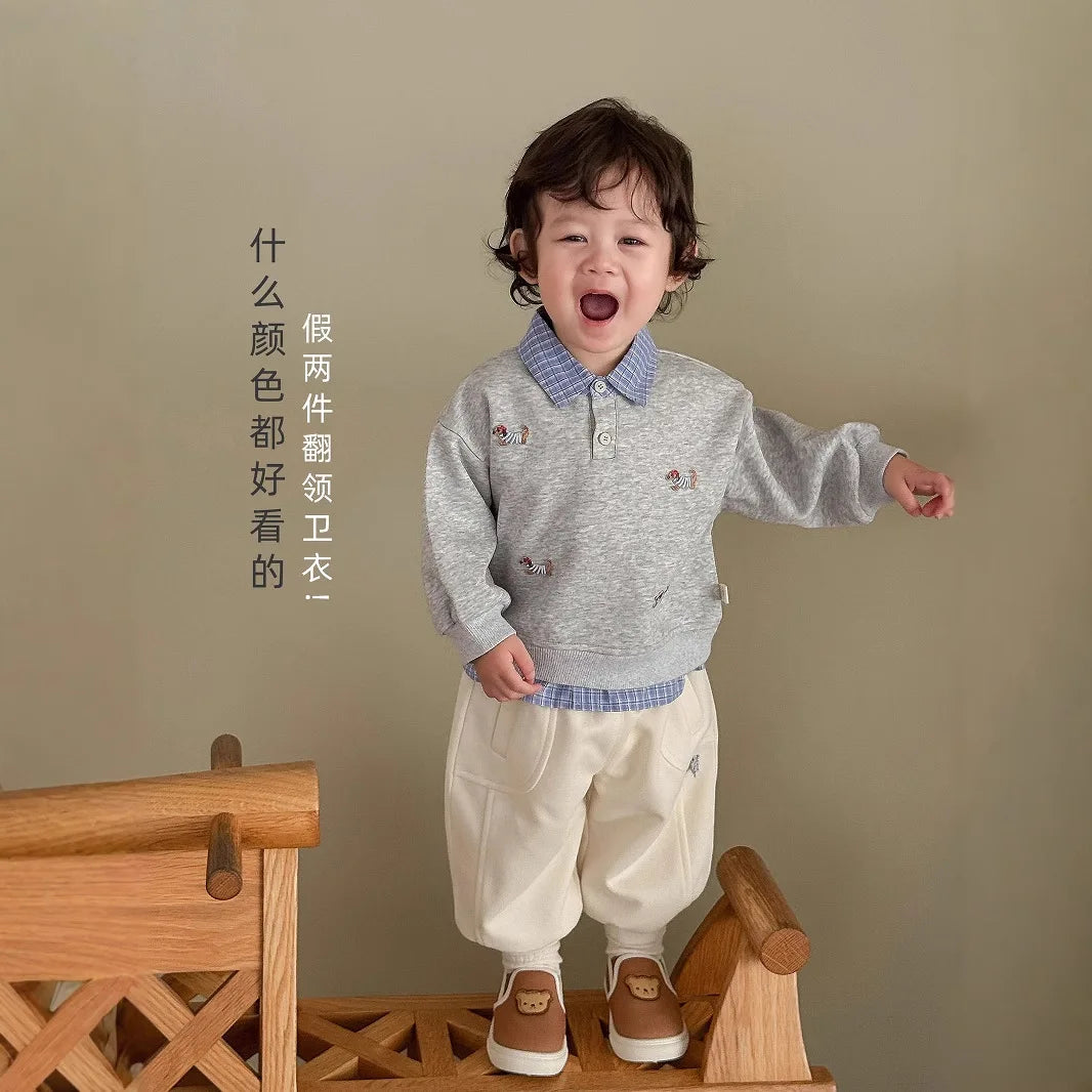 Children's Label Sweater New Autumn Boys' Cartoon Bottoming Shirt  Baby Girl's Fake Two-piece Pullover Tops