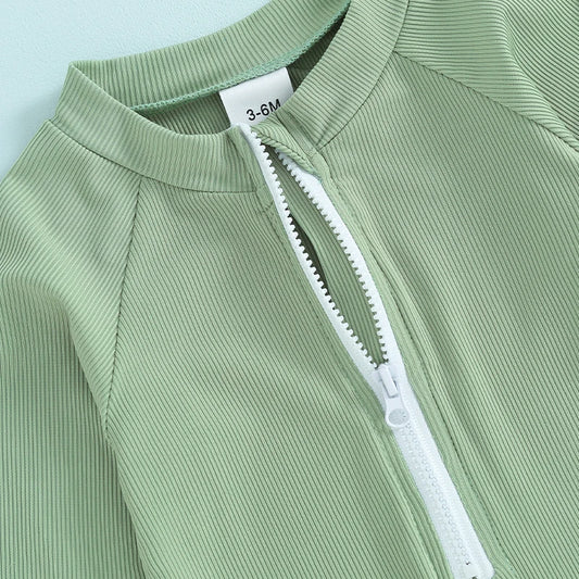 Infant Unisex  Swimwear Stylish Round Neck Long Sleeve Zipper Front Solid Color Swimsuit for Baby Boy Girl