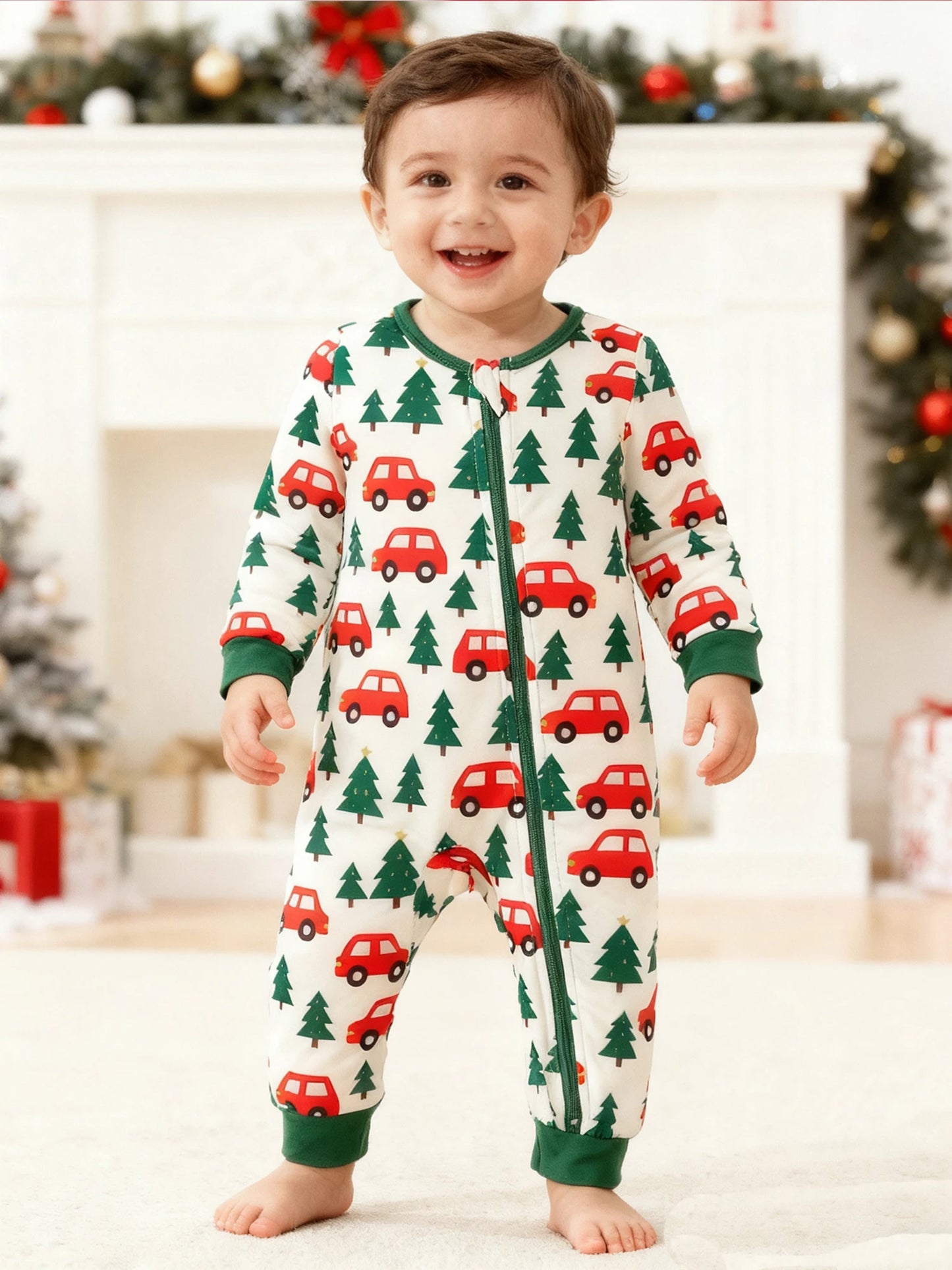 Toddler Boys Winter Romper Long Sleeve Crewneck Reindeer Snowflake Print Hooded Jumpsuit with Front Zipper