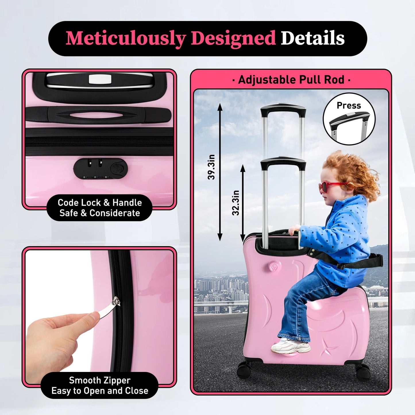 20" Kids Ride On Suitcase Rolling Luggage Trolley Case with Lock Waterproof PC Material for 3-6 Years Old