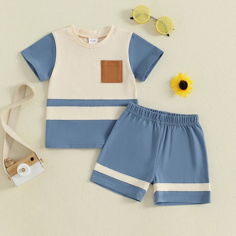 Baby Boys Casual Summer Outfits Striped Short Sleeve T-Shirts and Drawstring Waist Shorts 2-Piece Clothing Set