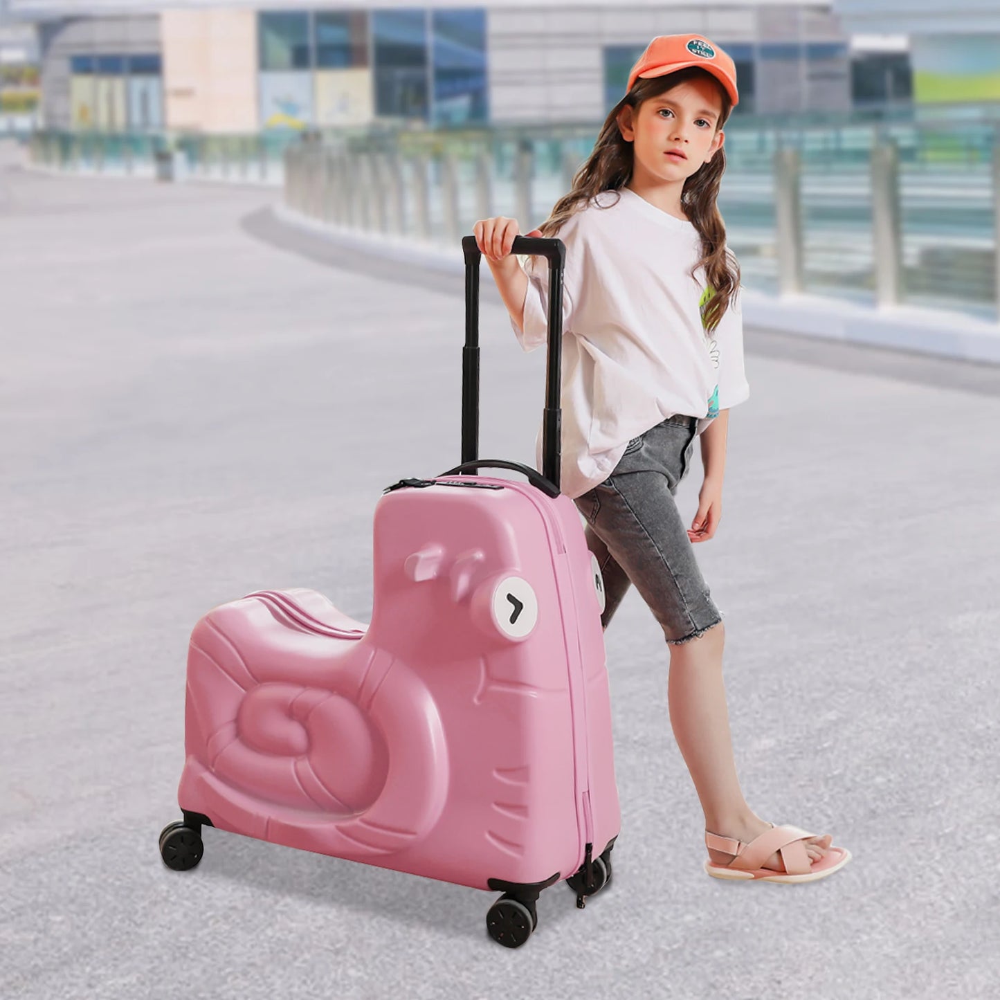 52*26*50 cm Portable Travel Trolley Case Kids Ride-on Luggage with Spinner Wheels Kids Luggage Suitcase with Password Lock Pink