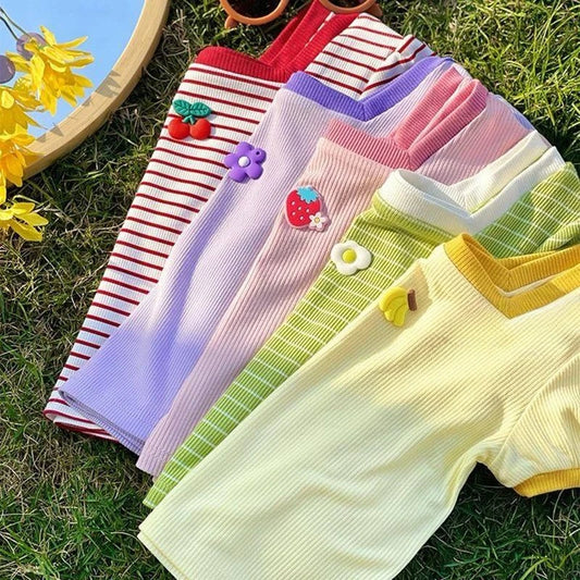 1-7Y Children's Short Sleeved T-shirt New Girls Square Neck Shirts Cute Stylish Baby Breathable