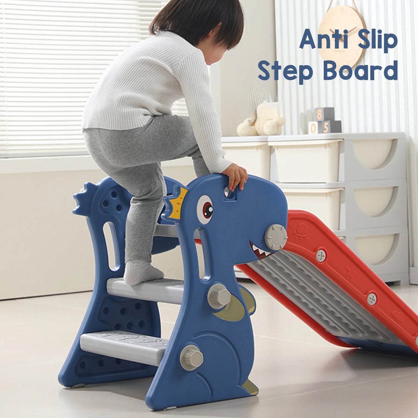 Toddler Indoor Slide for 0 To 3 Years Old Easy Assembly Dinosaur Shape Foldable Slide with Basketball Hoop Stairs