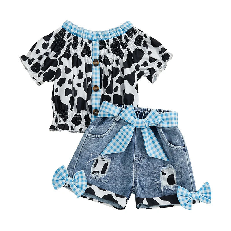 Girls Outfit Leopard Print Top and Denim Shorts with Frayed Hem and Belt Set