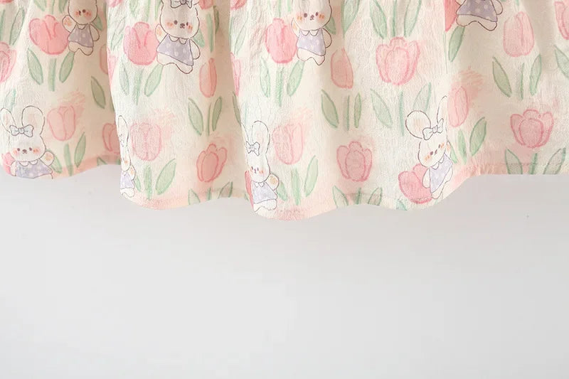 Girl Dress Tulip Cartoon Rabbit Print Small Flying Sleeves Flower Neck Bow Ribbon Tulip Flower Pattern