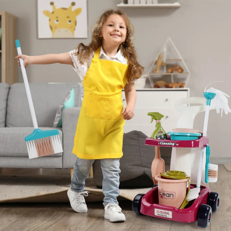 Kid Cleaning Toy Set Detachable Housekeeping Cart with Cleaning Tools Pretend Play Toys Gifts for Child Develop Hand-on Ability