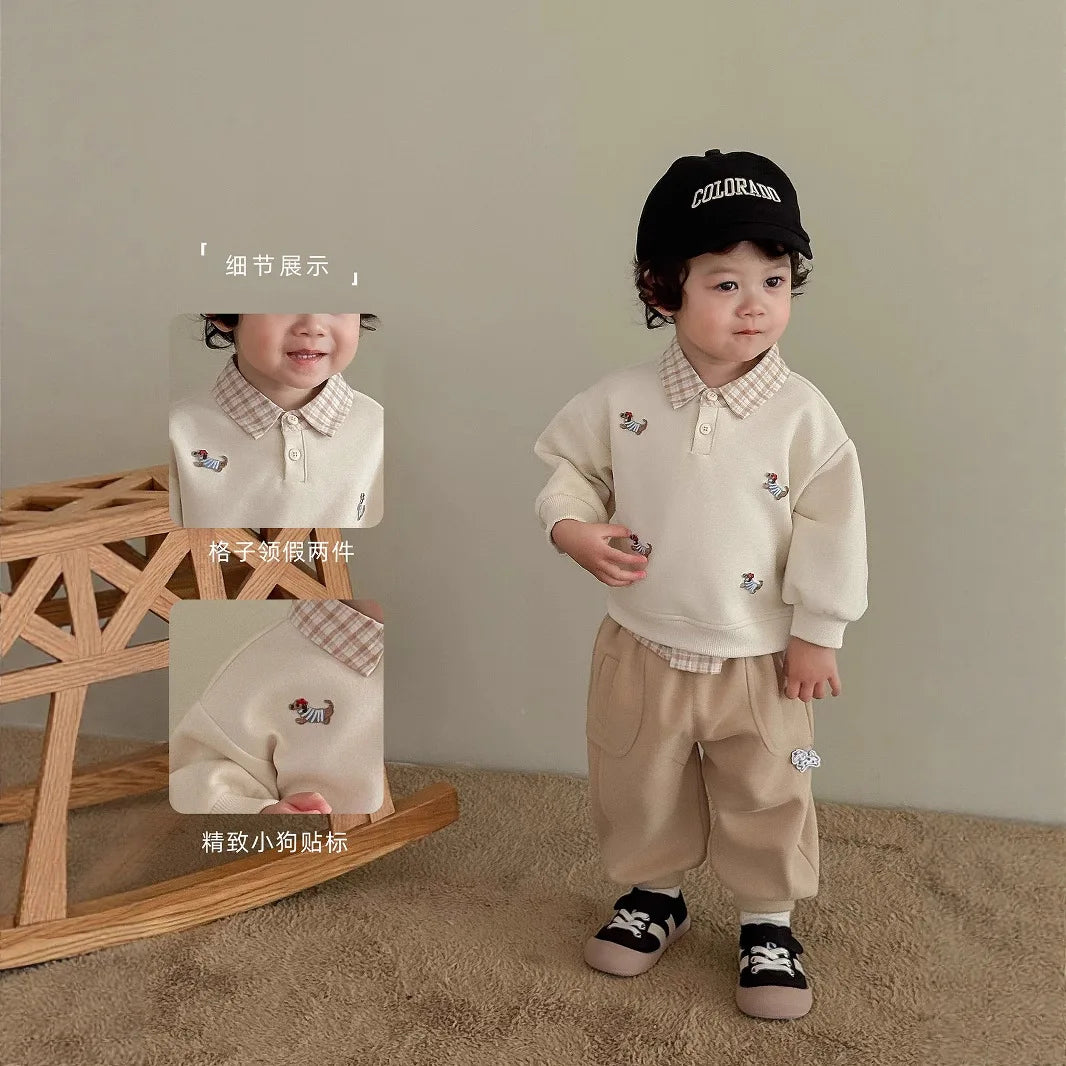 Children's Label Sweater New Autumn Boys' Cartoon Bottoming Shirt  Baby Girl's Fake Two-piece Pullover Tops