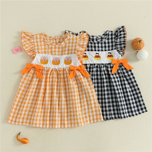 Toddler Baby Girl Halloween Dress Gingham Pumpkin Embroidered Flying Sleeve A-line Dress with Bows Cute Fall Clothes