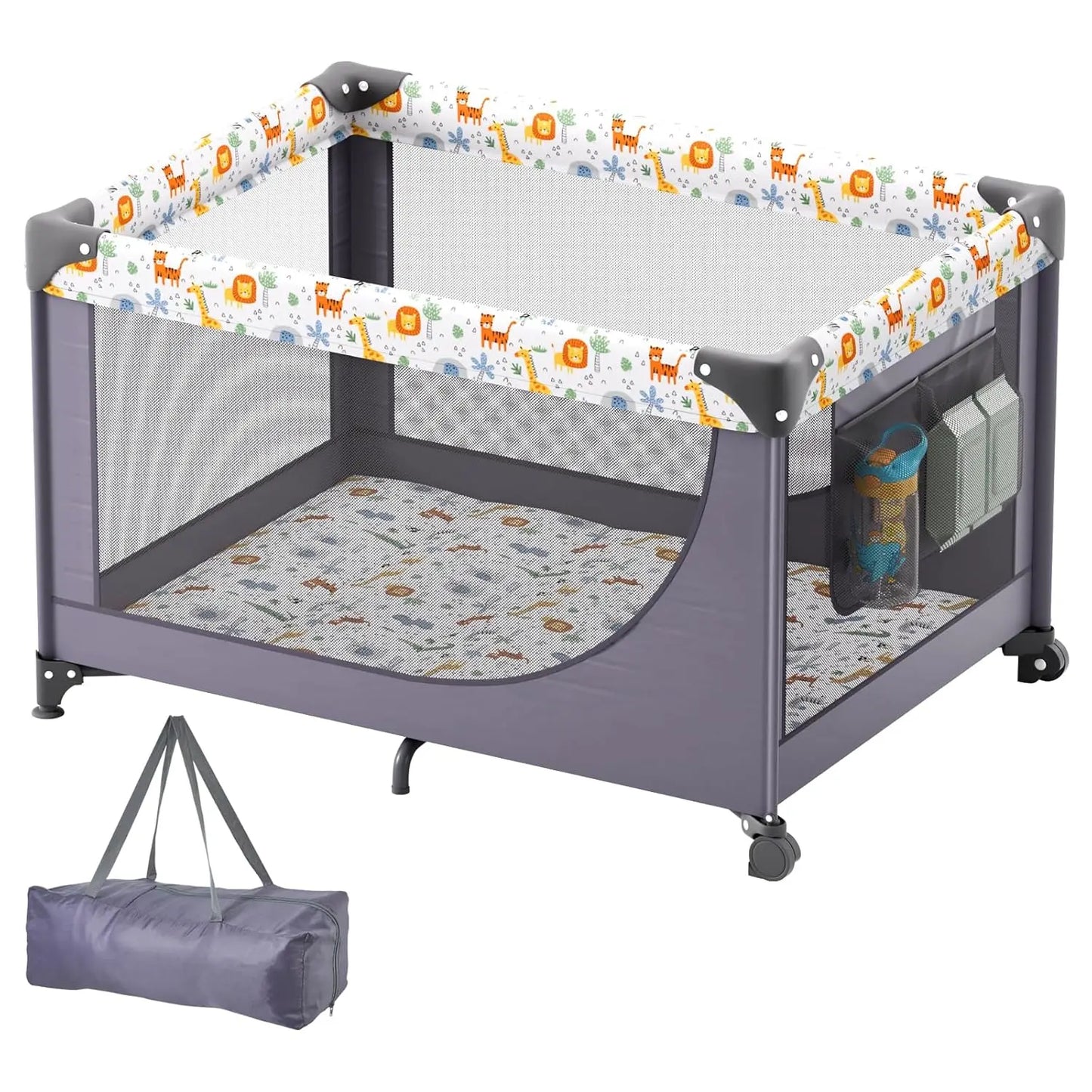 Baby Travel Crib and Play Yard, Folding Baby Playpen with Soft Mattress Pad, Portable Toddlers Crib with Breathable Mesh and Tra