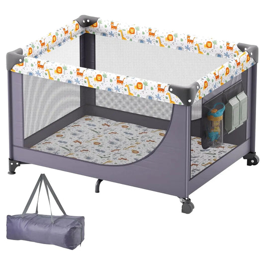 Baby Travel Crib and Play Yard, Folding Baby Playpen with Soft Mattress Pad, Portable Toddlers Crib with Breathable Mesh and Tra