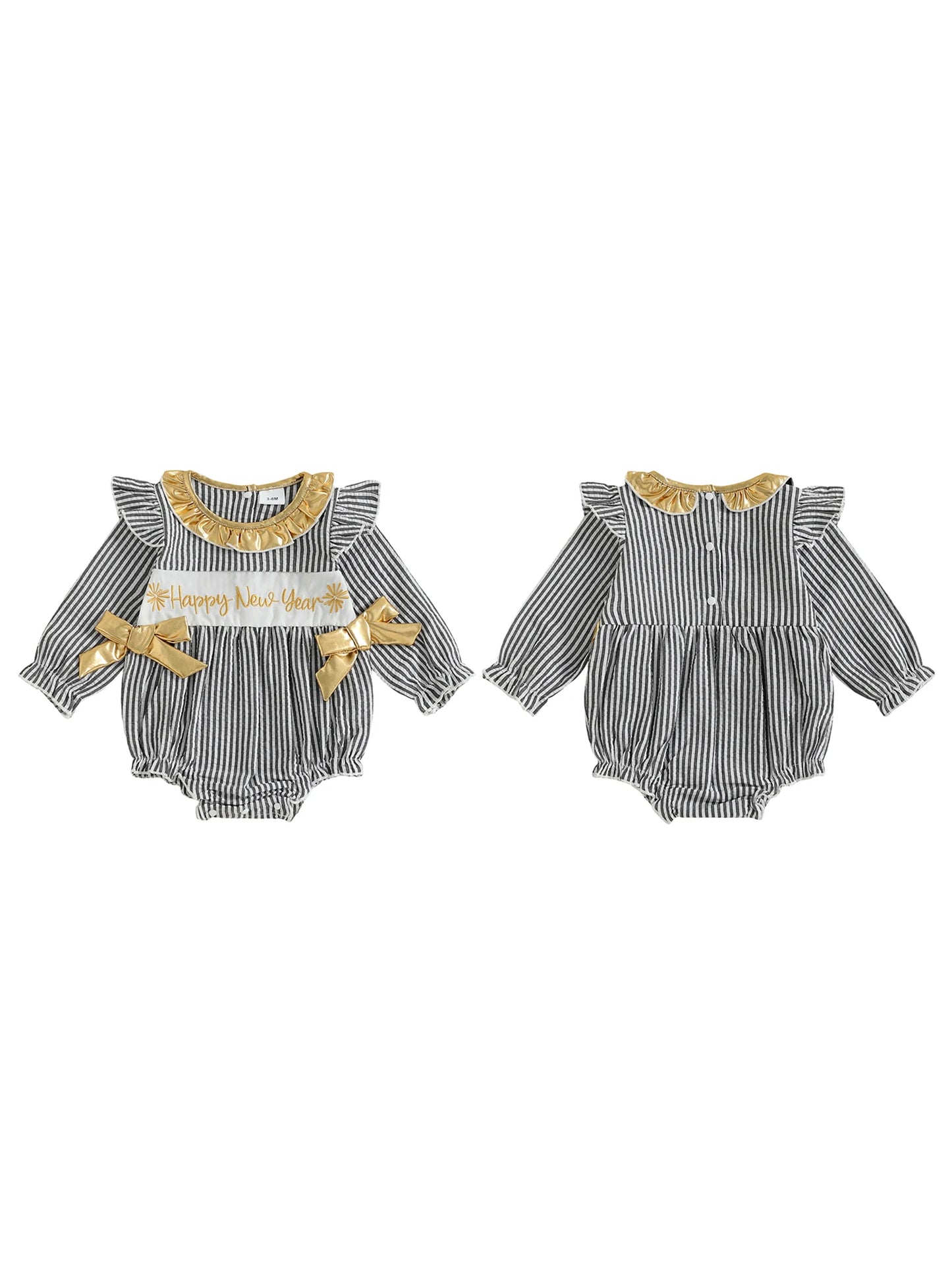 Infant Girls New Year Romper with Stripe Print Embroidered Letters Long Sleeves and Ruffled Round Neckline Jumpsuit