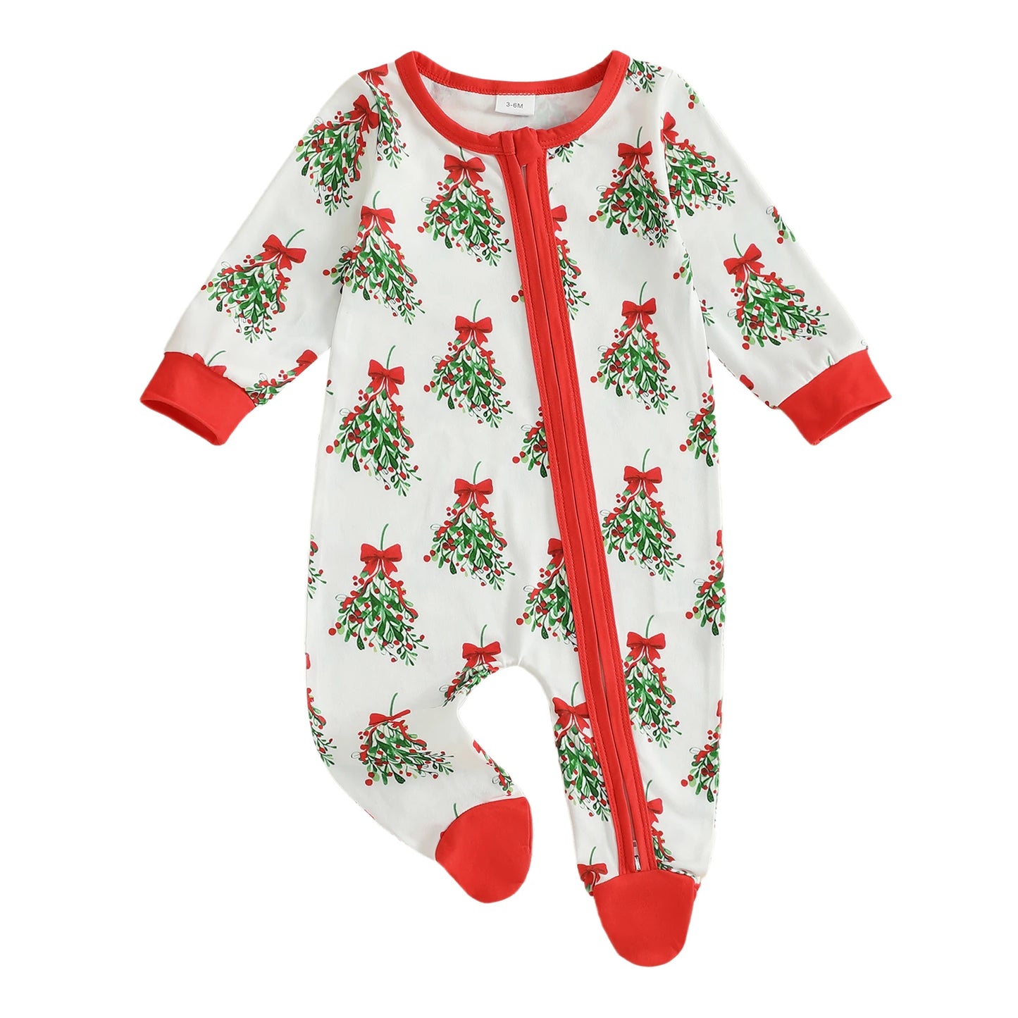 Christmas Baby Romper with Reindeer Print and Hooded Design Long Sleeve Zip Up Round Neck Footed Jumpsuit for Newborns