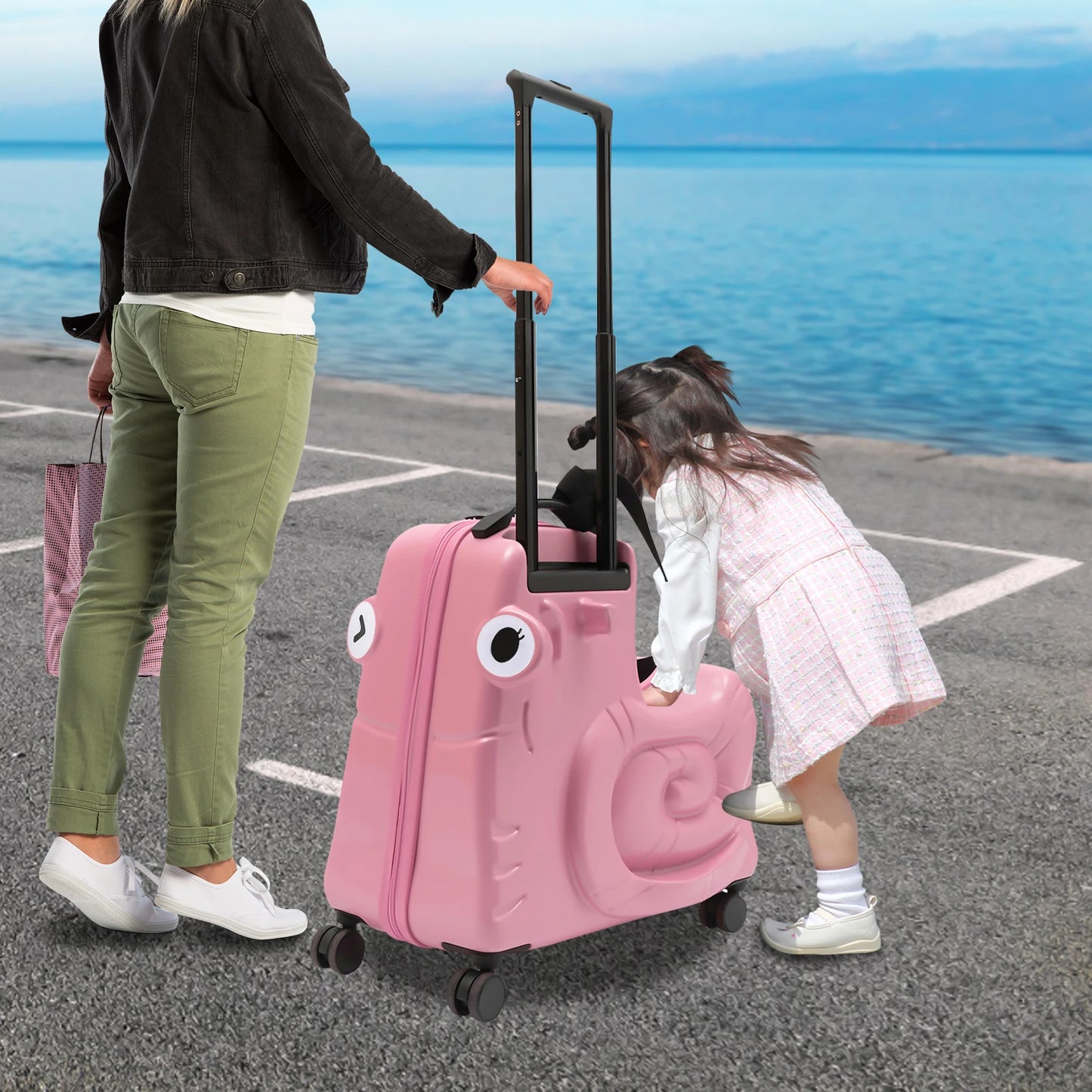 52*26*50 cm Portable Travel Trolley Case Kids Ride-on Luggage with Spinner Wheels Kids Luggage Suitcase with Password Lock Pink