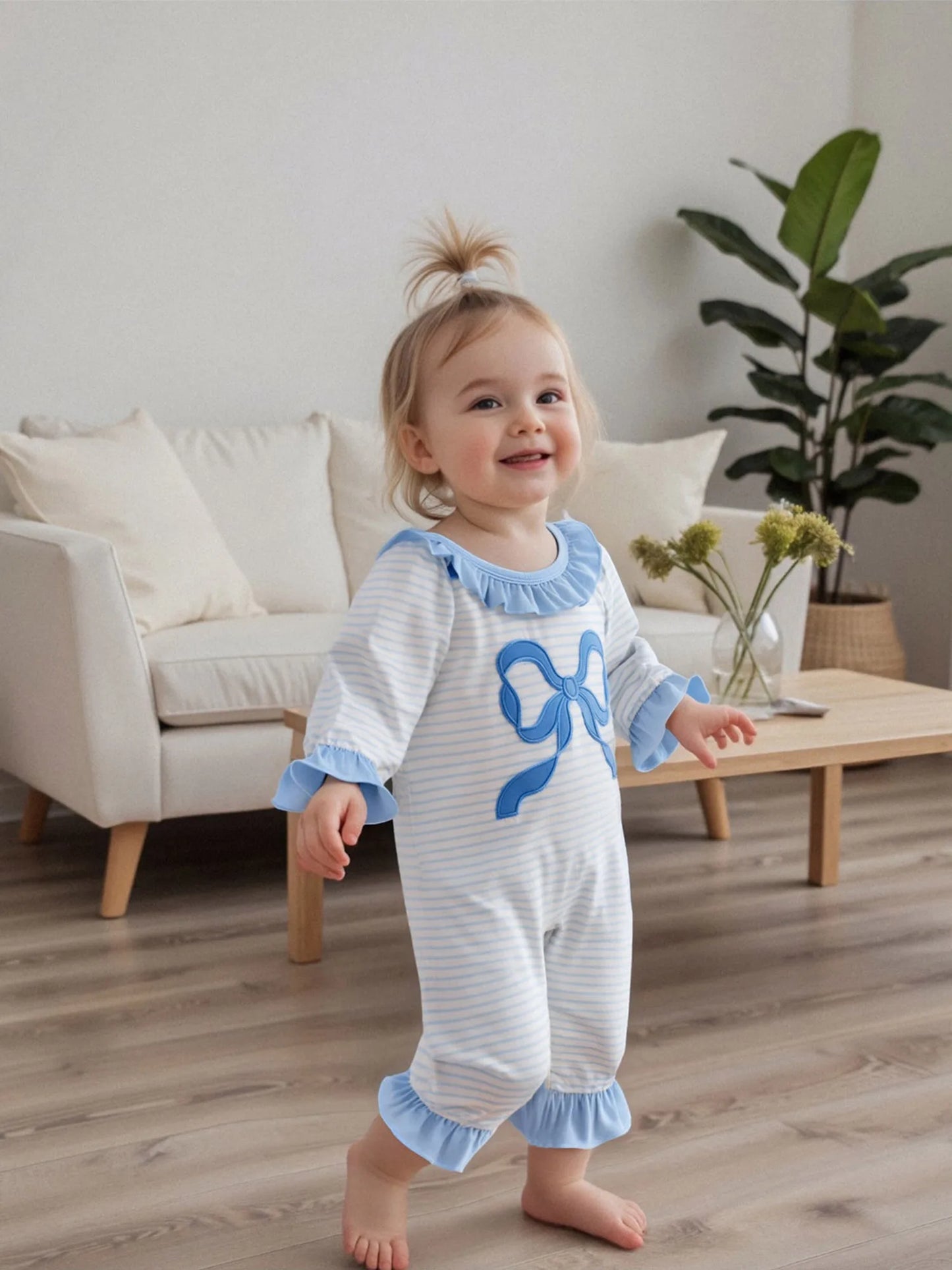 Adorable Toddler Winter  with Floral Embroidery and Ruffle Detail - Long Sleeve Round Neck Baby Girl Romper Pajamas